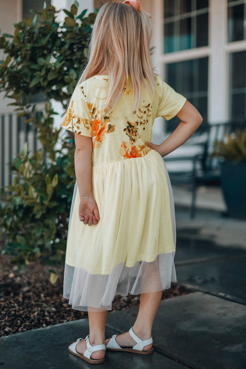 Girls Pastel Yellow Floral Empire Waist Tulle Dress