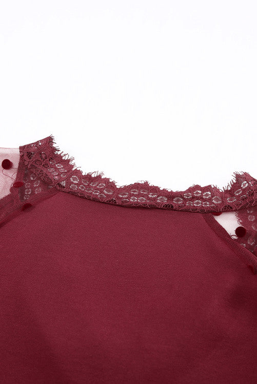 Burgundy Polka Dot Lace Ruffled Sleeve V-neck Blouse