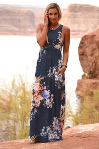 Navy Floral High Waist Maxi Dress