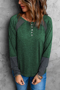 Green Casual Striped Accent Crew Neck Henley Shirt