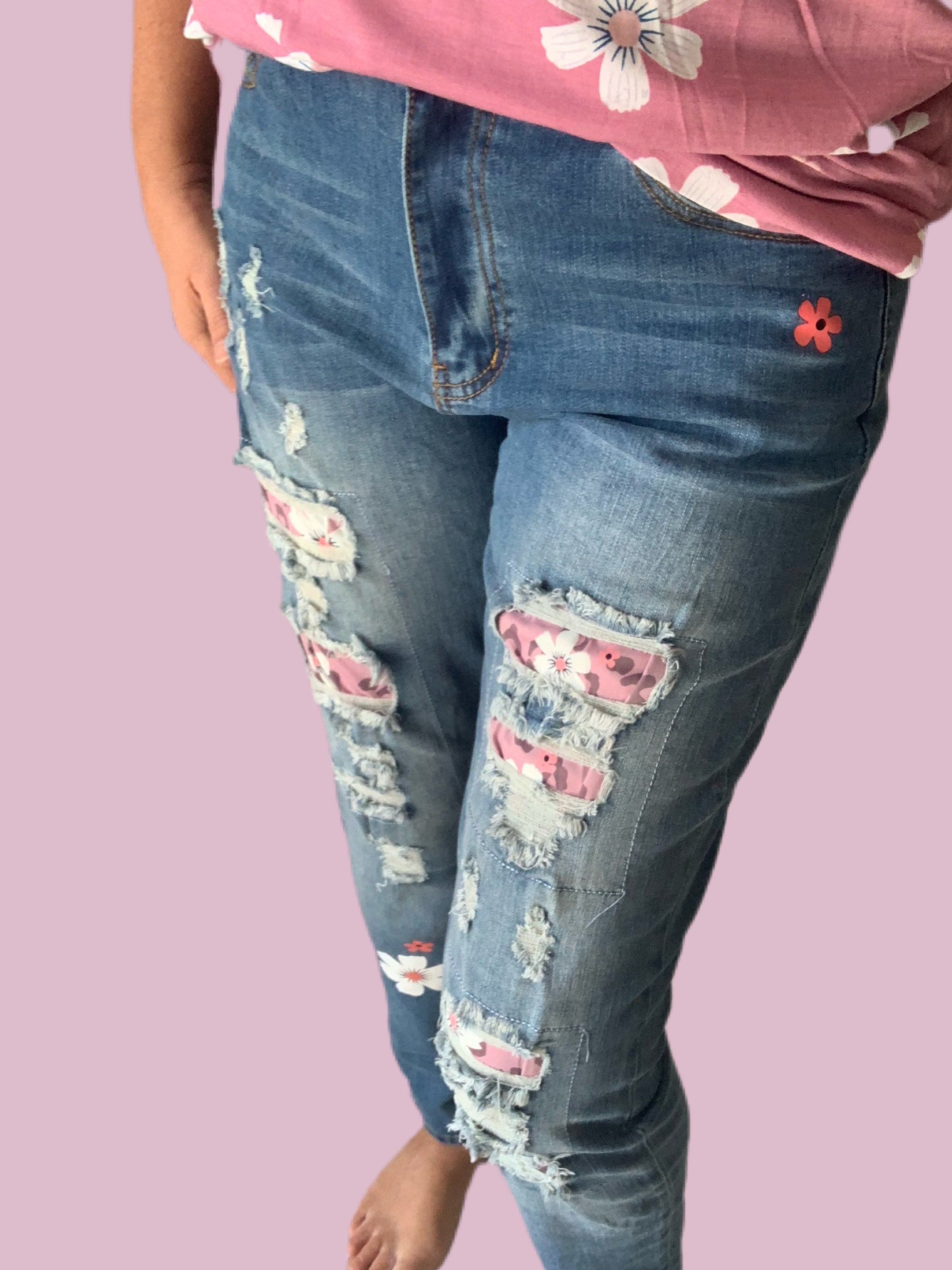 Rosy Pink Daisy Patches Stretch Denim Jeans