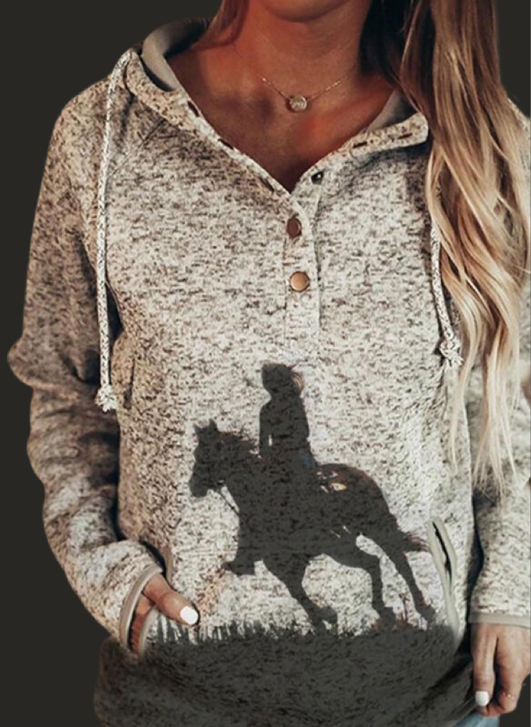 Horse Print Brown Snap Vneck Hooded Pullover
