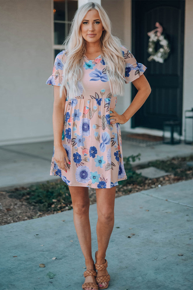 Pink Ruffled Short Sleeve Blue Floral Dress
