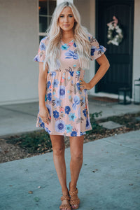 Pink Ruffled Short Sleeve Blue Floral Dress