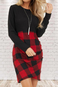 •The red plaid is stitched on the bottom half and the top half is pure black  •The fabric of the plaid part is pleated, which is very design detail  •The cut is a slim fit, not loose, nor tight  •Dress Length is  above knee
