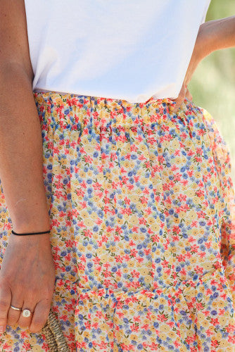 Yellow Red Blue Mini Floral Print Elastic Waist Tiered Skirt