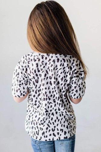 Girls White and Black Leopard Print Short Sleeve Knit Tee