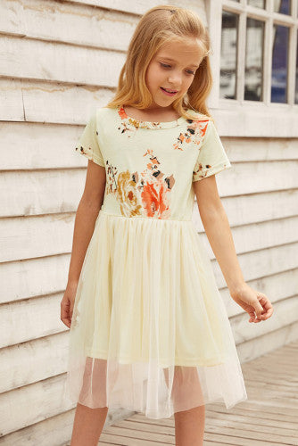 Girls Pastel Yellow Floral Empire Waist Tulle Dress