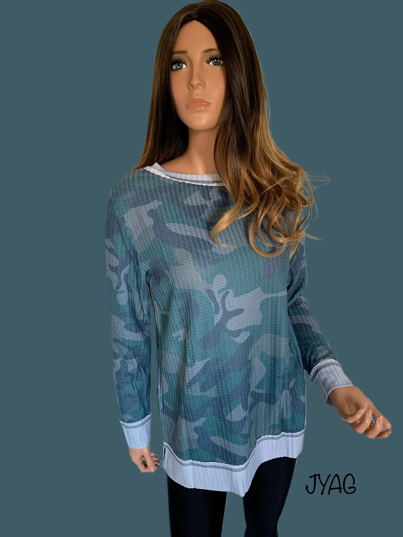 Distressed Camo Exposed Seam Waffle Knit Top
